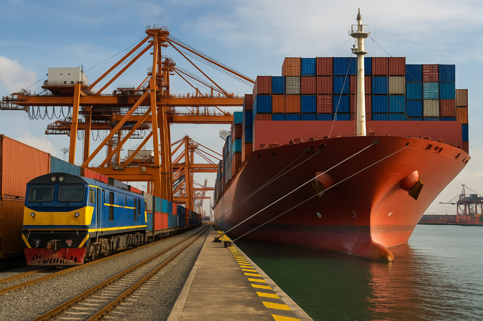 صویری عریض و باکیفیت از یک بندر شلوغ؛ یک کشتی بزرگ کانتینربر در سمت راست پهلو گرفته و در سمت چپ یک قطار باری با واگنهای حامل کانتینر حرکت میکند. جرثقیلهای عظیم نارنجی در حال بارگیری و تخلیه هستند و فضای فعال حملونقل دریایی و ریلی را نشان میدهند.